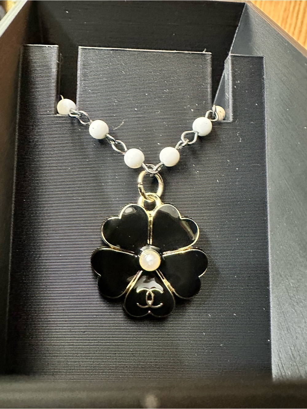 CHANEL Black Enamel Four-Leaf Clover Pendant Necklace with in Pearl Bead chain